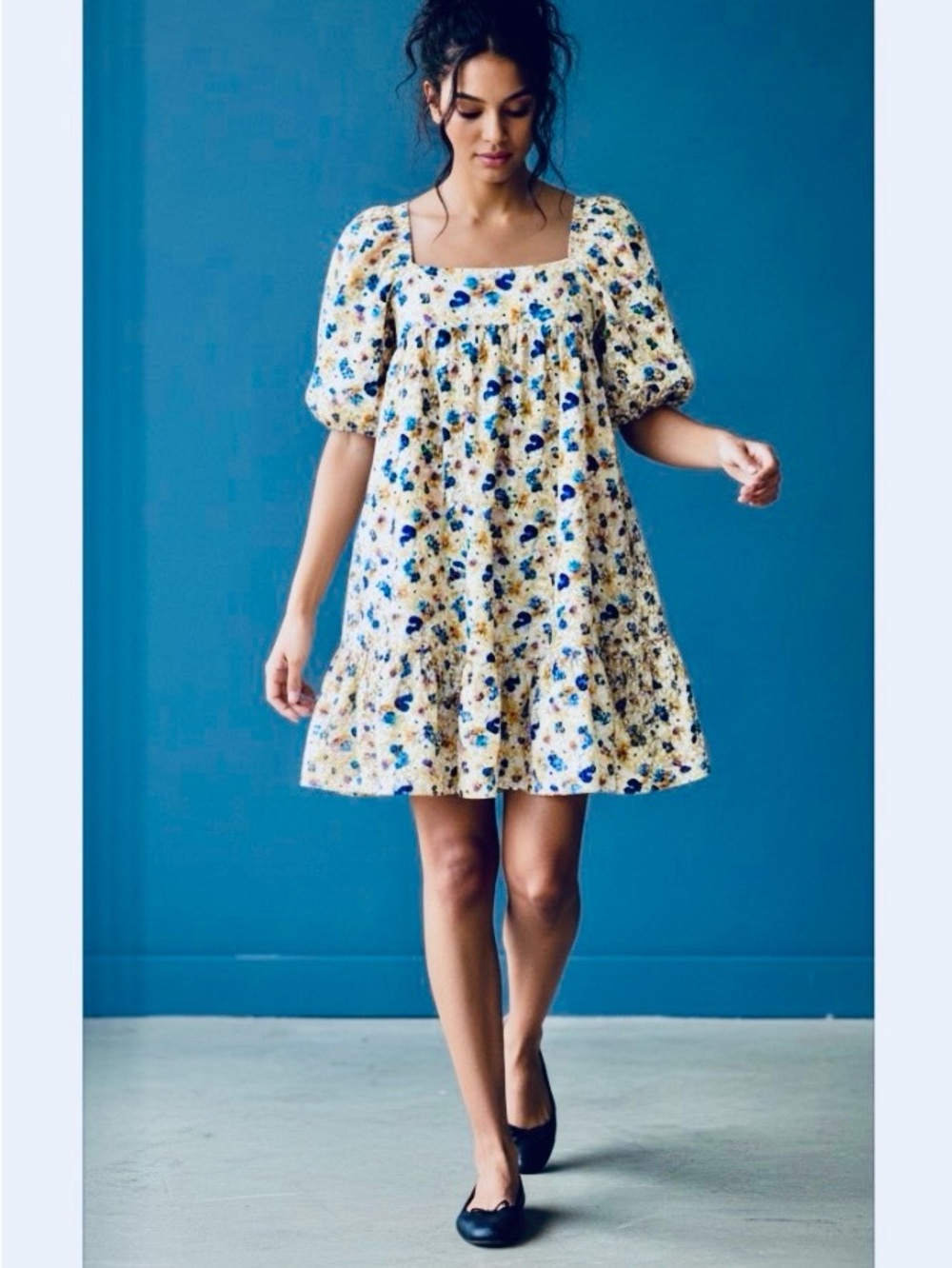 HAYDEN Floral Mini Dress - Yellow and Blue. Empire Waist. Fun! Cute! (Large)